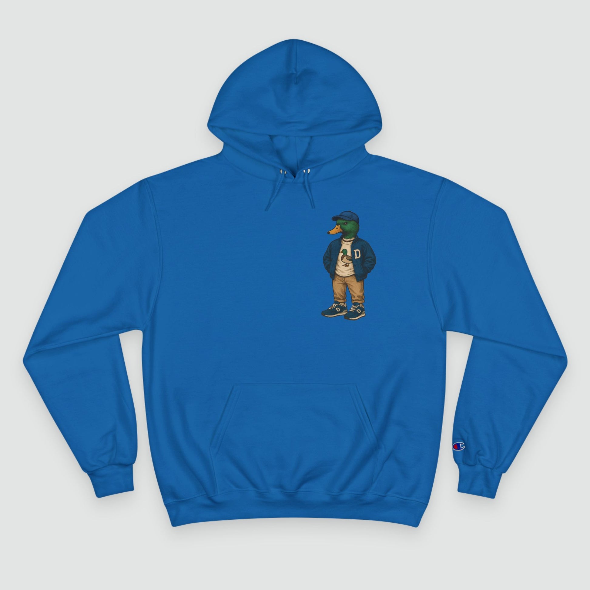 Royal Blue Varsity Duck Hoodie front view with anthropomorphic mallard duck chest graphic