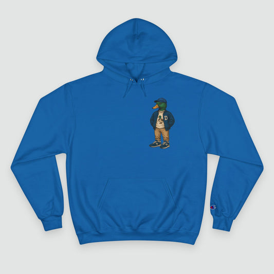 Royal Blue Varsity Duck Hoodie front view with anthropomorphic mallard duck chest graphic