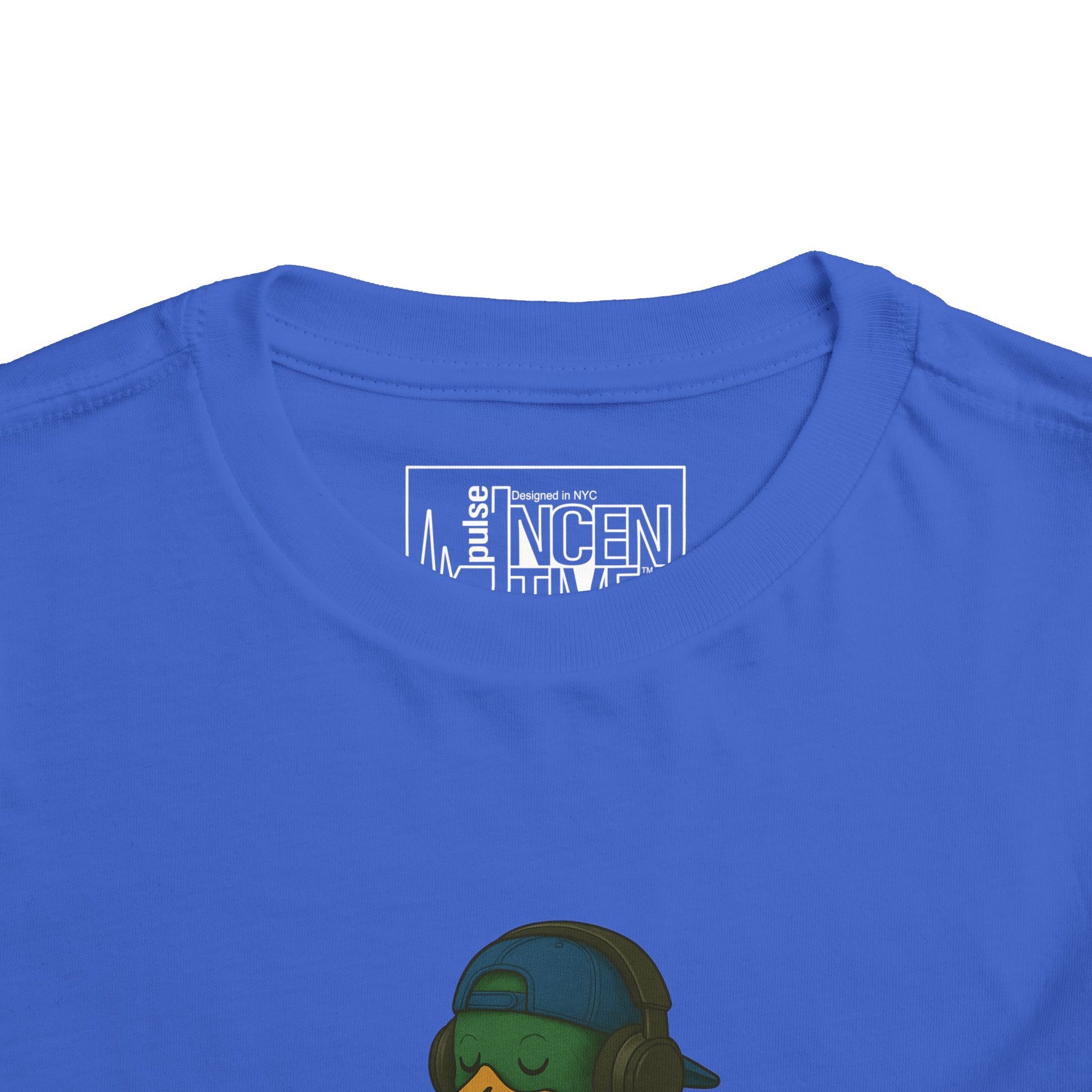 Royal Tracksuit Duck Toddler T-shirt neck view with anthropomorphic mallard duck graphic