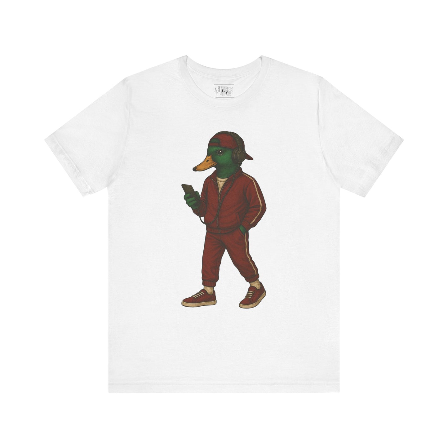White Tracksuit Duck T-shirt front view with anthropomorphic mallard duck graphic