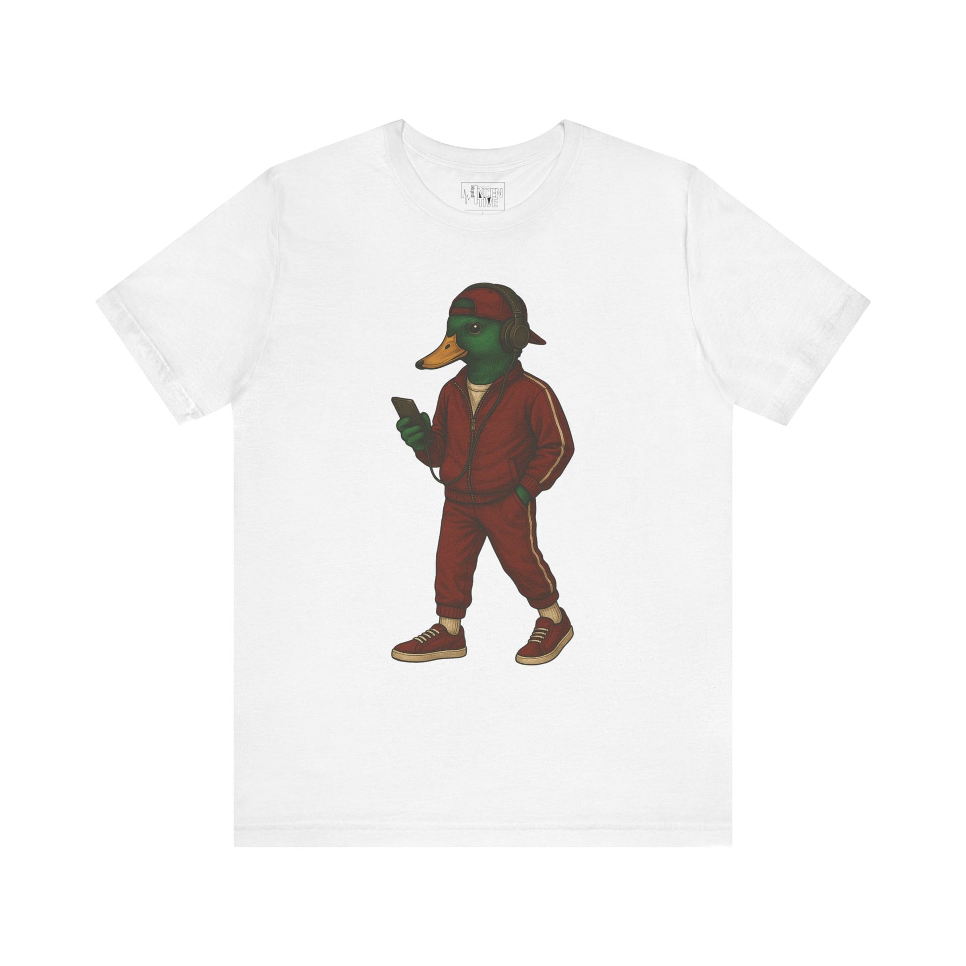 White Tracksuit Duck T-shirt front view with anthropomorphic mallard duck graphic