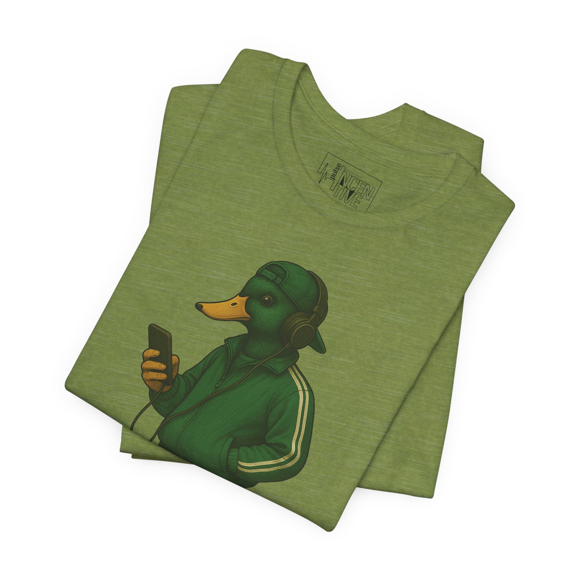 Green Tracksuit Duck T-shirt folded view with anthropomorphic mallard duck graphic
