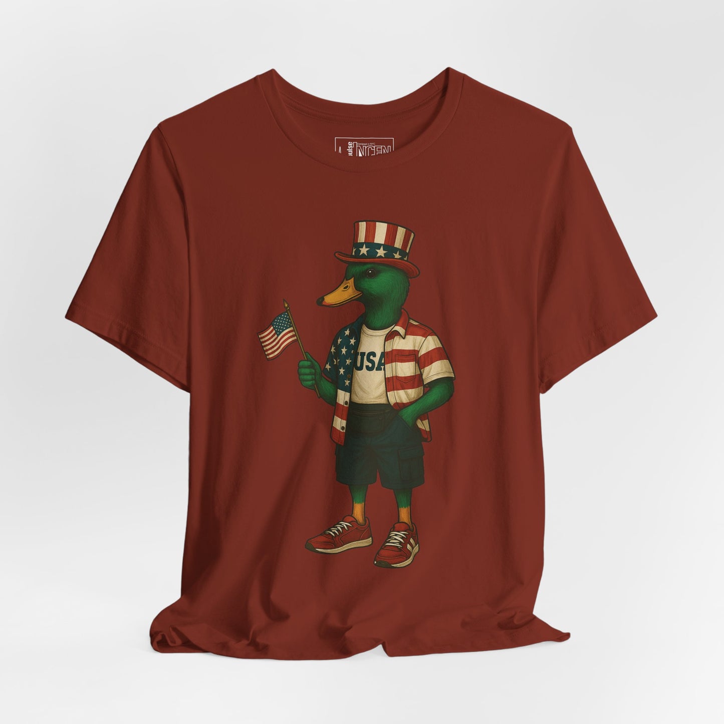 Rust Red USA Duck T-shirt front view with anthropomorphic mallard duck graphic
