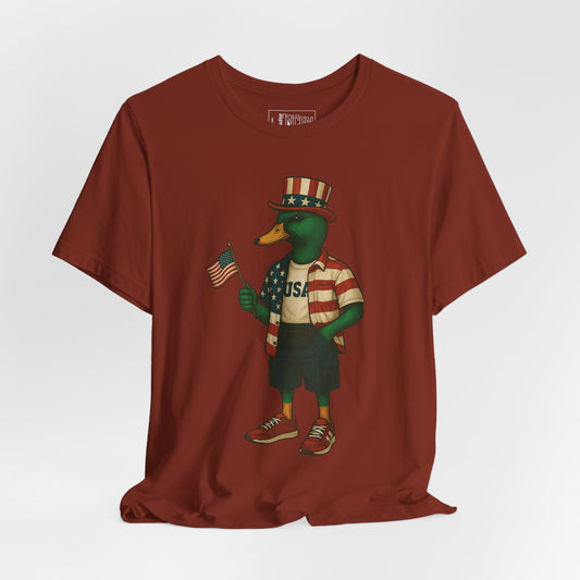 Rust Red USA Duck T-shirt front view with anthropomorphic mallard duck graphic