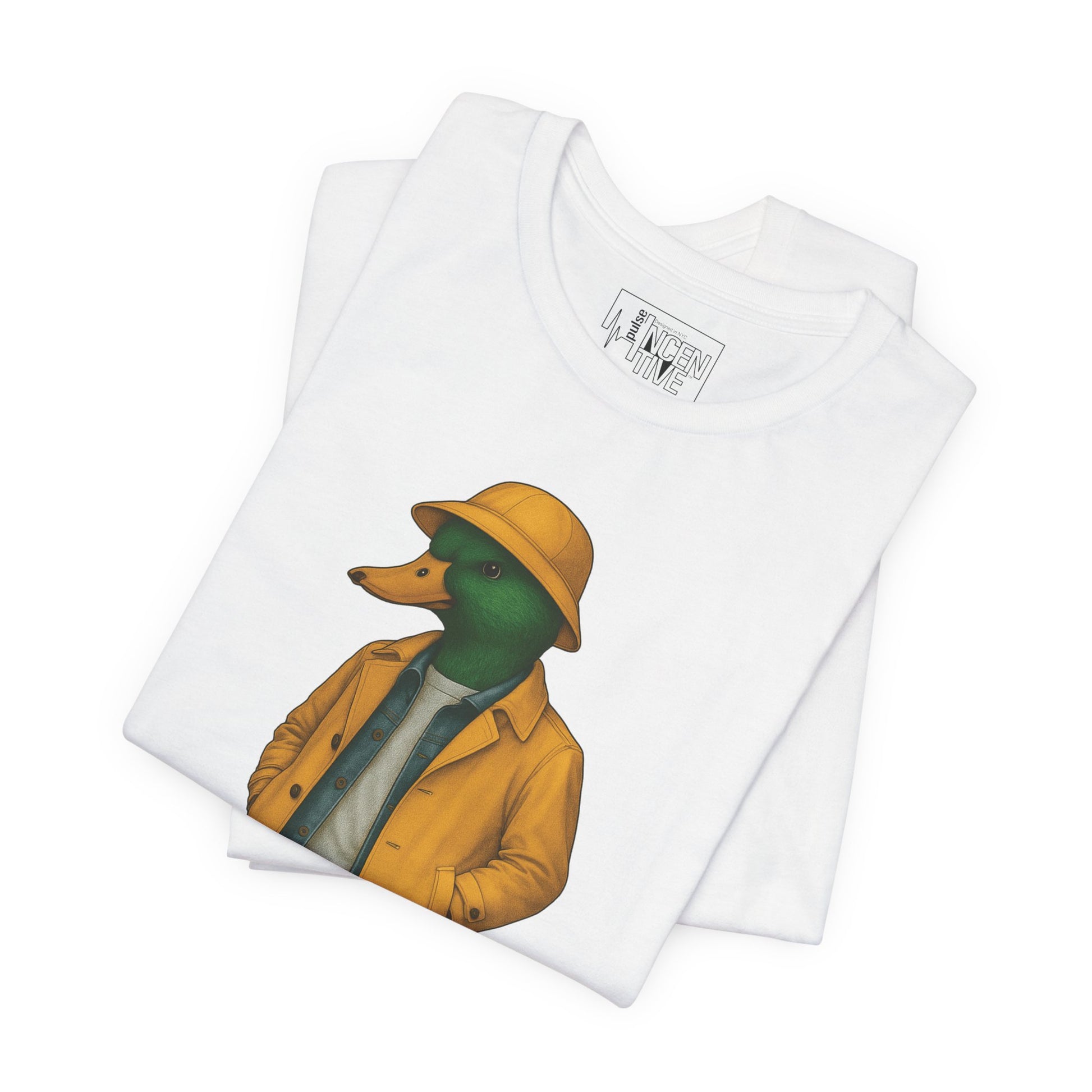 White Storm Duck T-shirt folded view with anthropomorphic mallard duck graphic