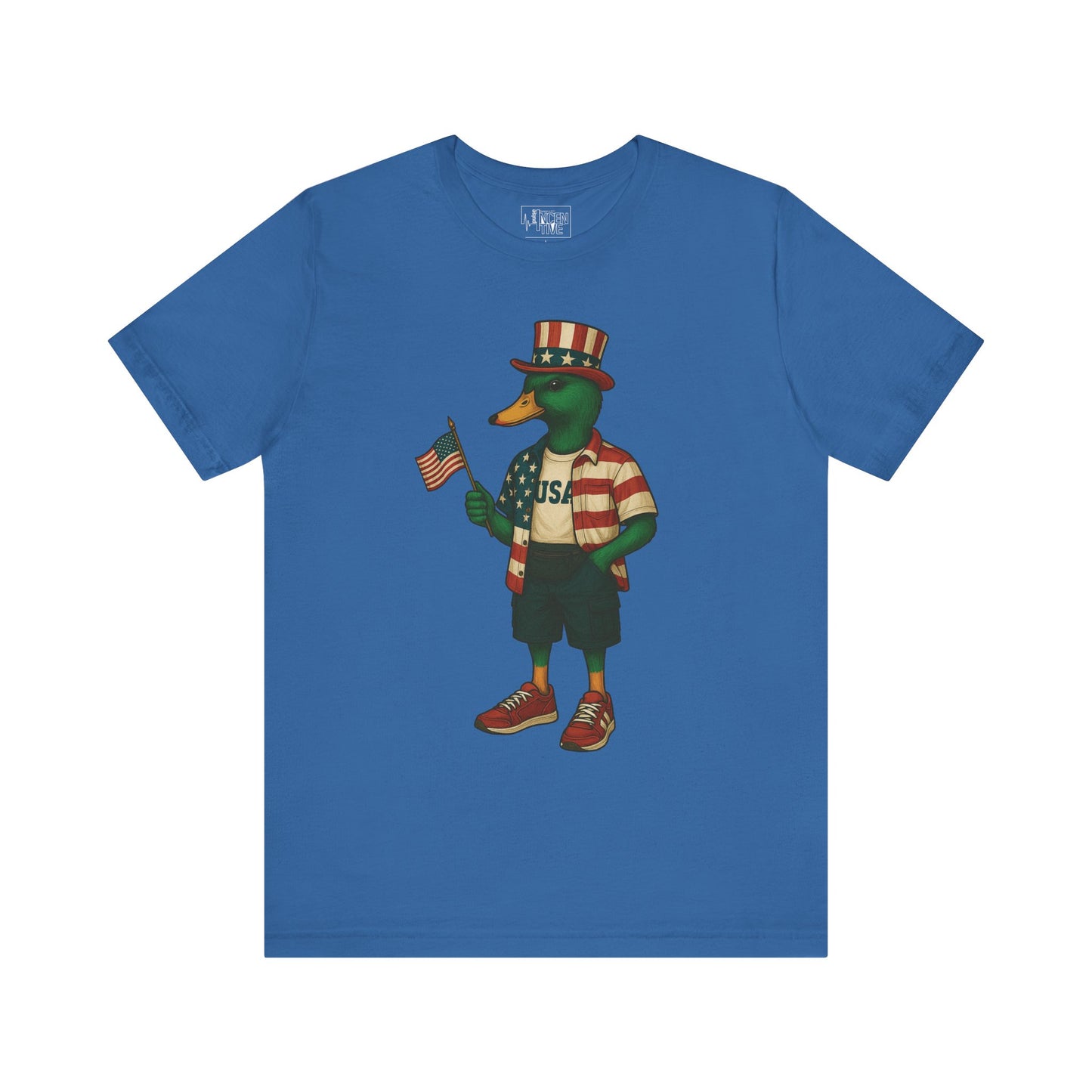 Columbia Blue USA Duck T-shirt front view with anthropomorphic mallard duck graphic