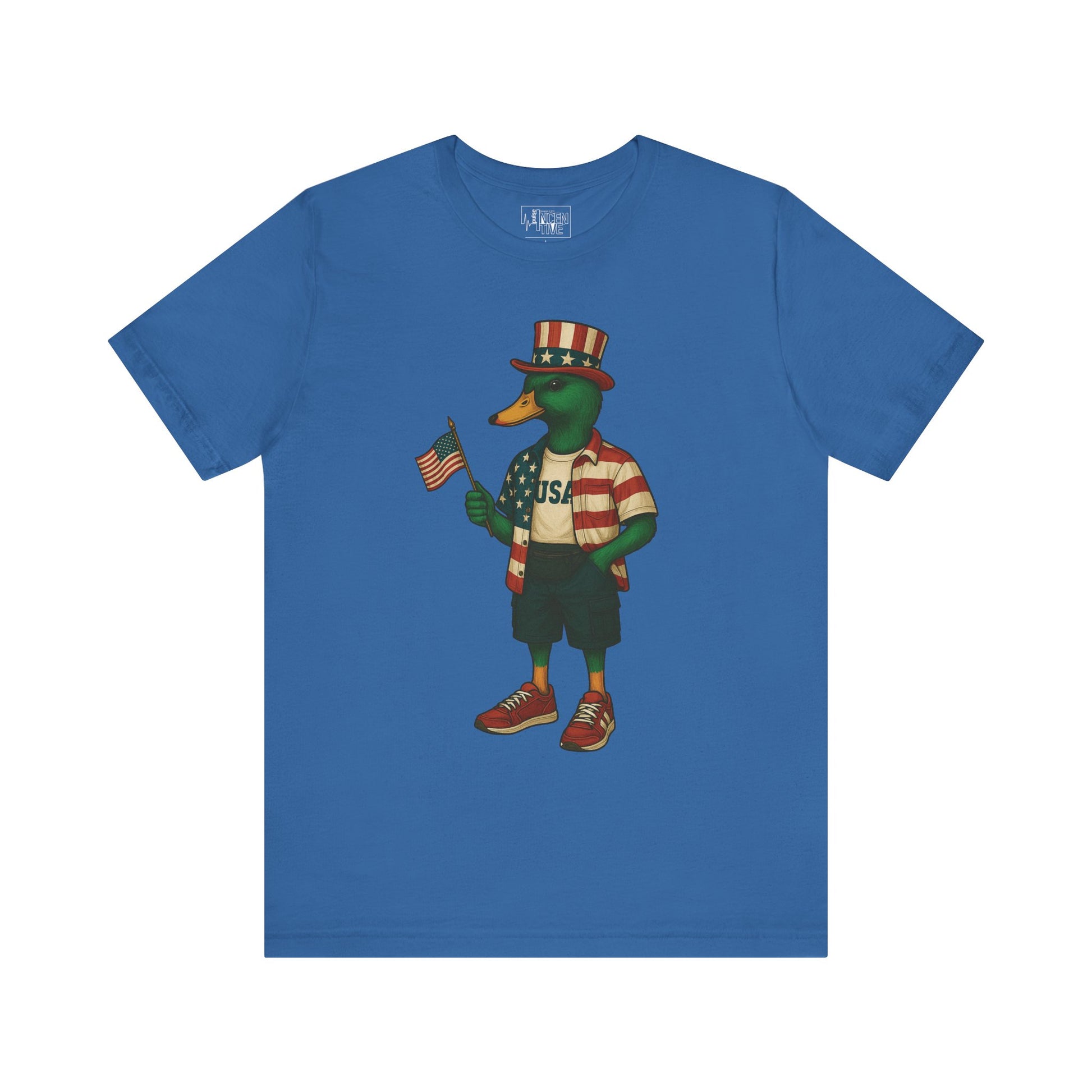 Columbia Blue USA Duck T-shirt front view with anthropomorphic mallard duck graphic