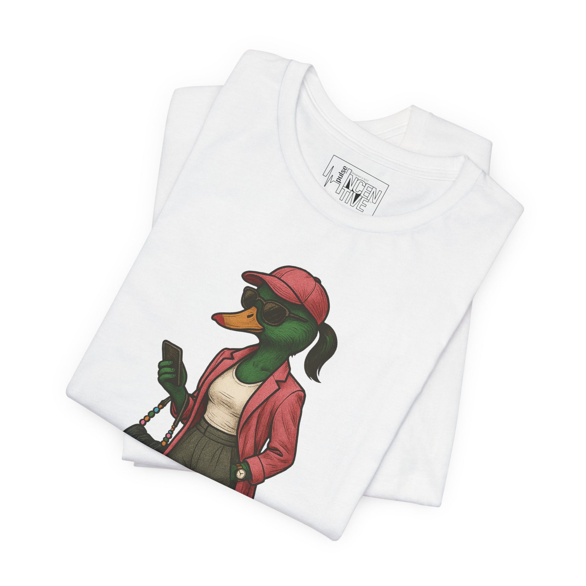 White Fashionista She Duck T-shirt folded view with anthropomorphic mallard duck graphic