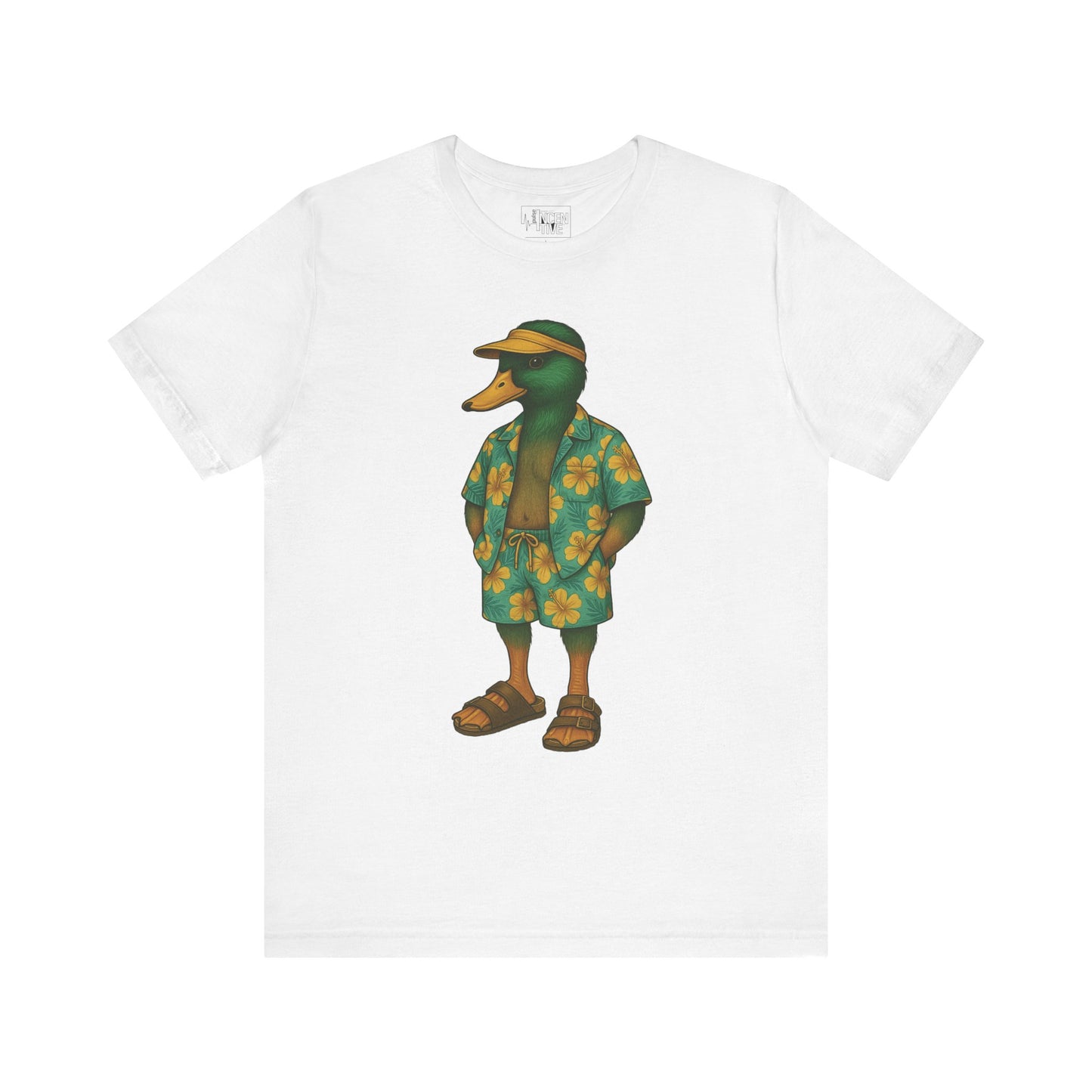 White Hawaiian Duck T-shirt front view with anthropomorphic mallard duck graphic