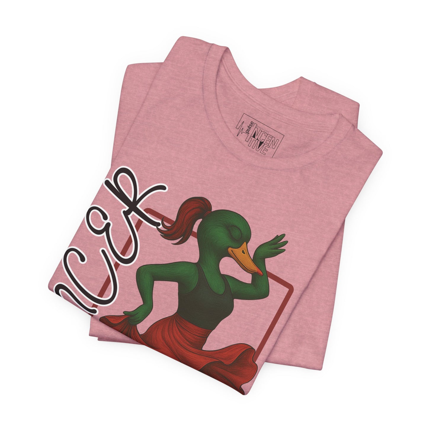 Orchid Dancer She Duck T-shirt folded view with anthropomorphic mallard duck graphic