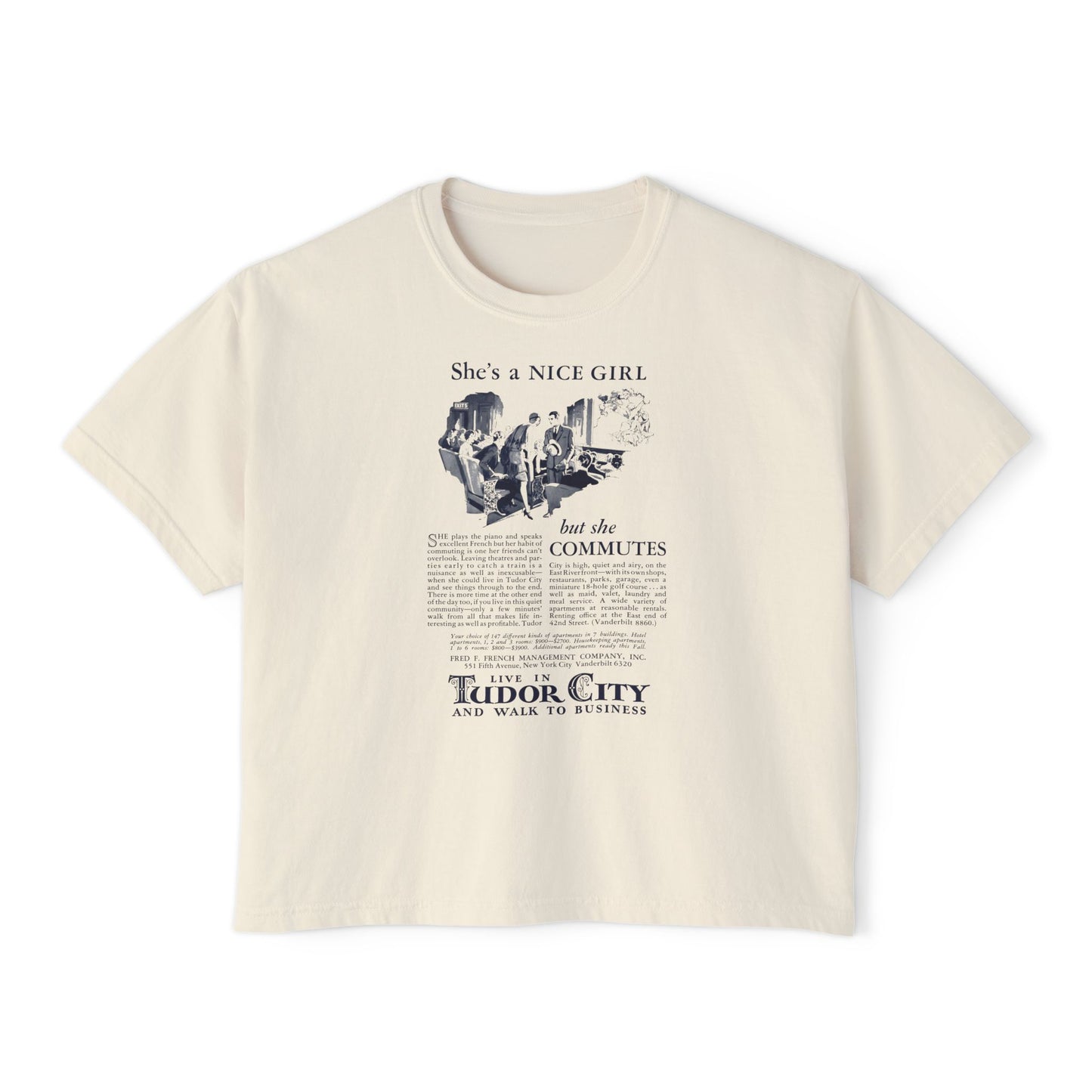 Boxy Tee - 'She's a Nice Girl' Vintage Tudor City Graphic