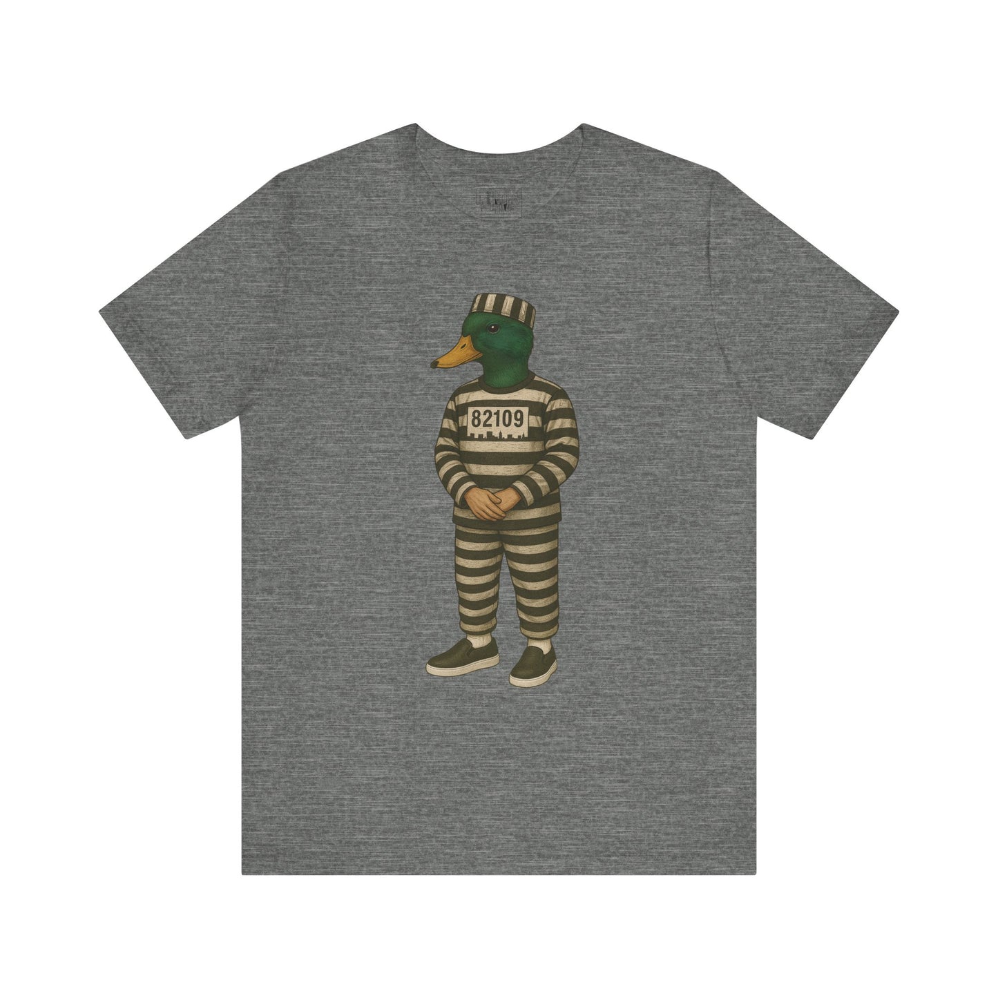 Heather Grey Prison Duck T-shirt front view with anthropomorphic mallard duck graphic