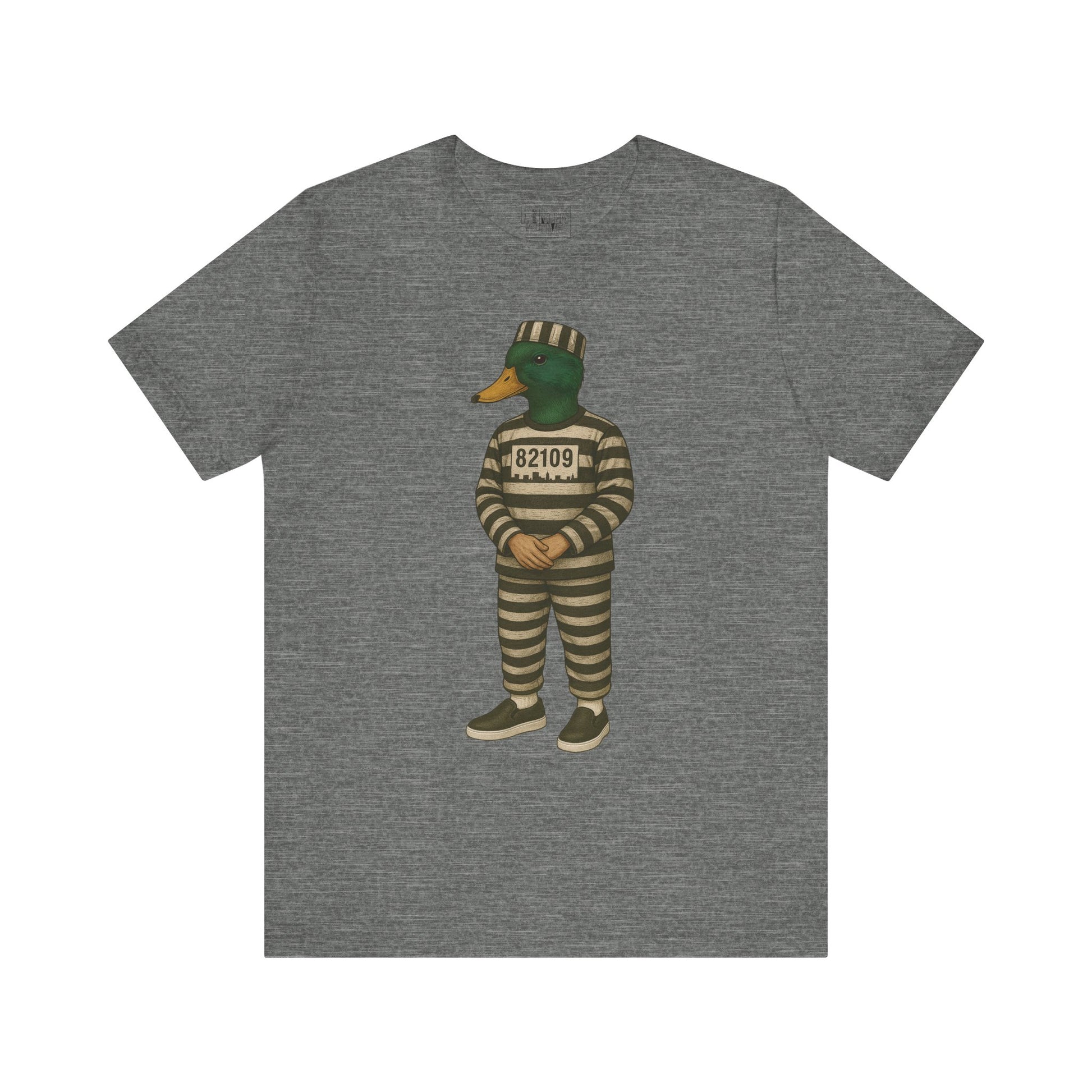 Heather Grey Prison Duck T-shirt front view with anthropomorphic mallard duck graphic