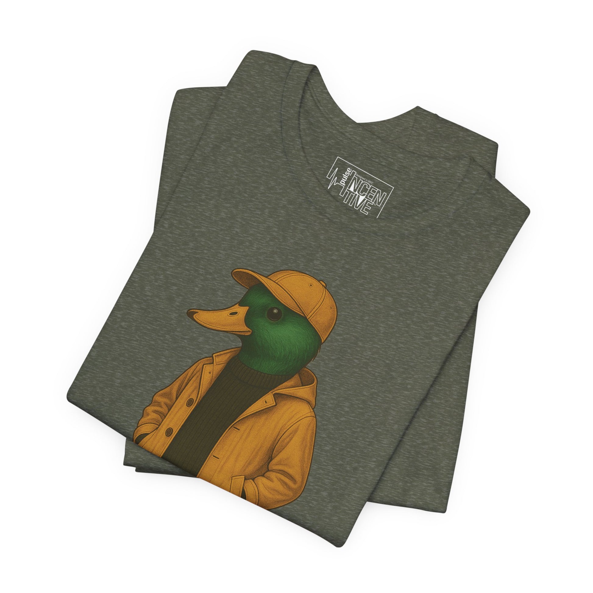 Military Green Rain Duck T-shirt folded view with anthropomorphic mallard duck graphic