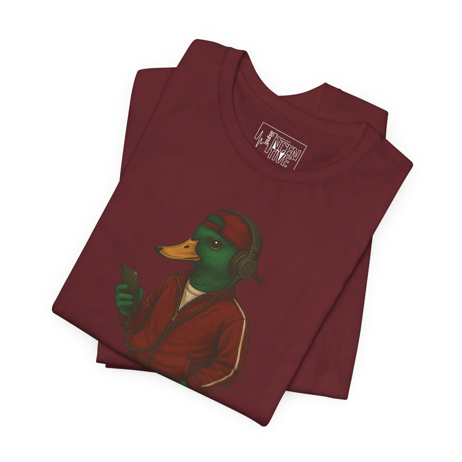 Cardinal Tracksuit Duck T-shirt folded view with anthropomorphic mallard duck graphic