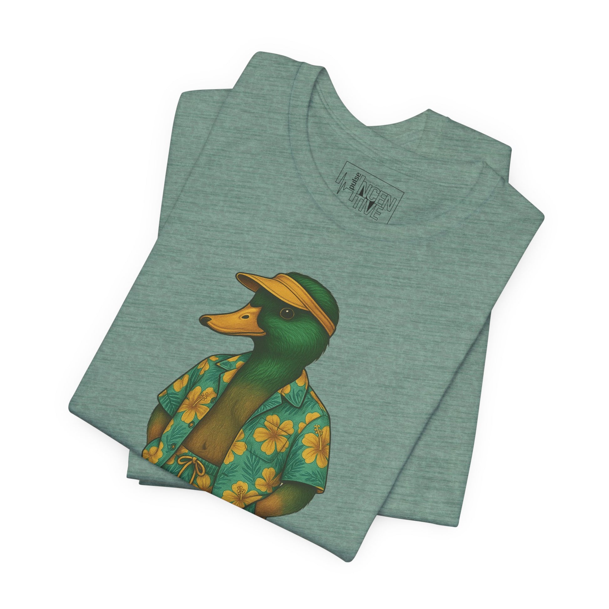 Dusty Blue Hawaiian Duck T-shirt folded view with anthropomorphic mallard duck graphic