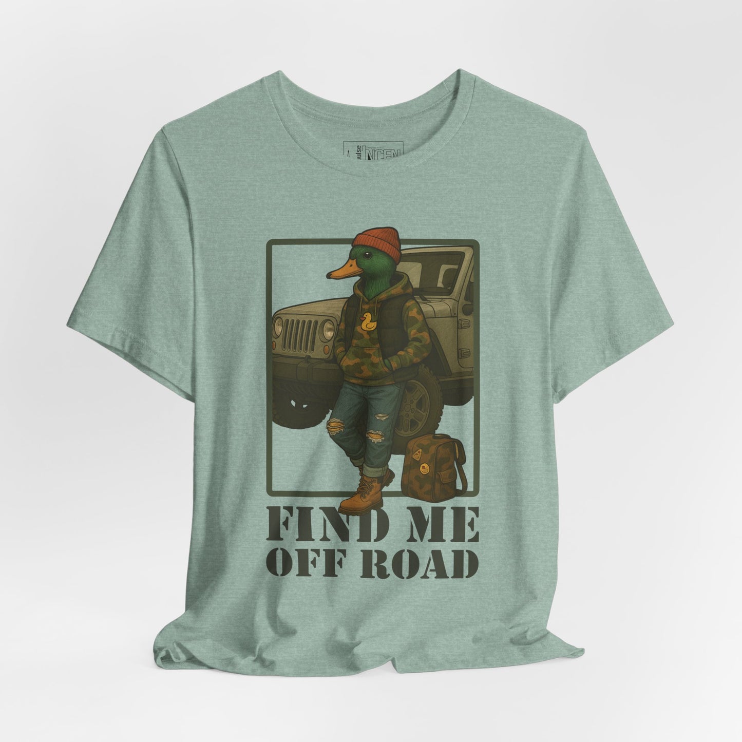 Prism Blue Off Road Duck T-shirt front view with anthropomorphic mallard duck graphic