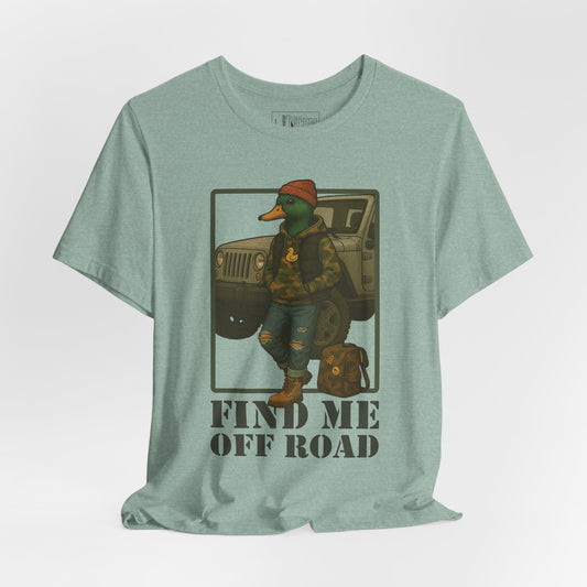 Prism Blue Off Road Duck T-shirt front view with anthropomorphic mallard duck graphic