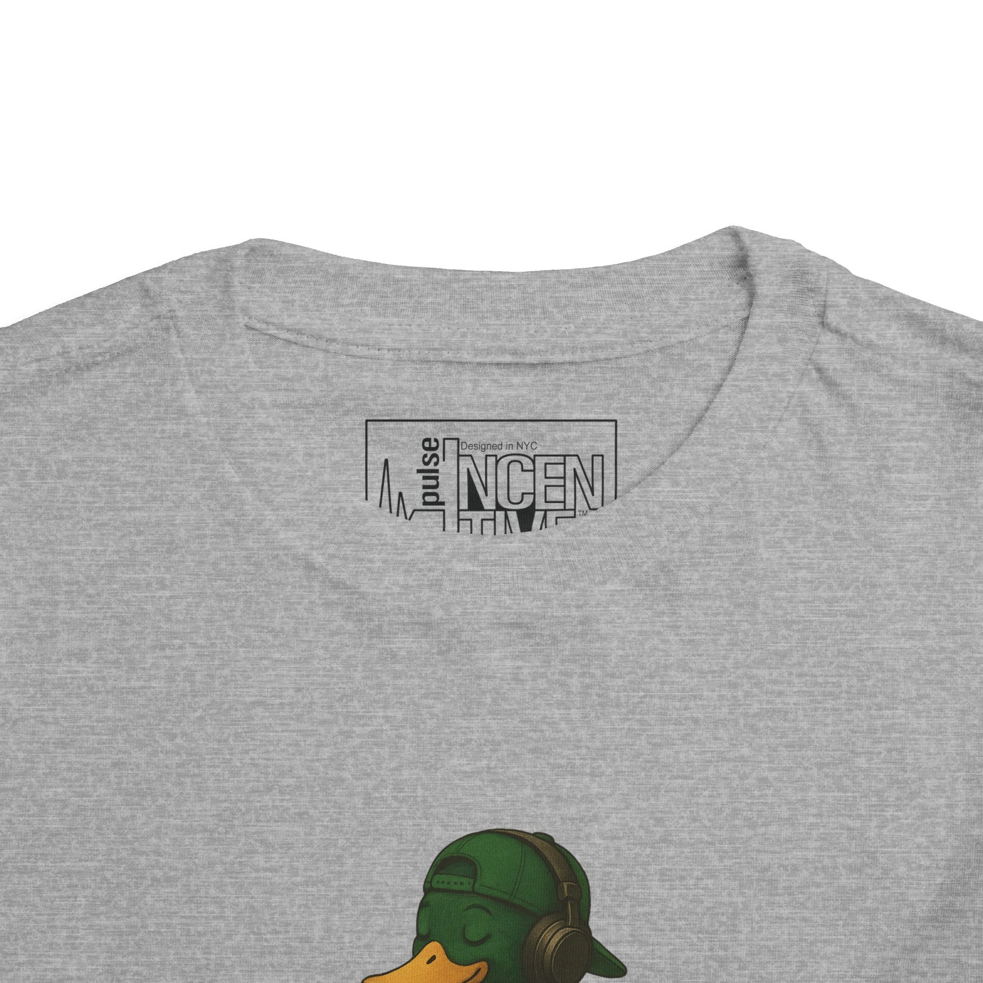 Heather Tracksuit Duck Toddler T-shirt neck view with anthropomorphic mallard duck graphic