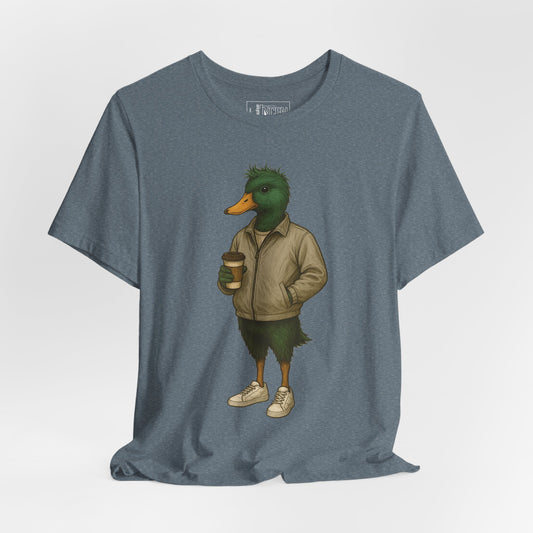 Slate Disheveled Duck T-shirt front view with anthropomorphic mallard duck graphic