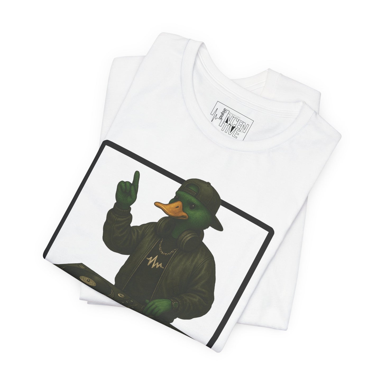 White DJ Duck T-shirt folded view with anthropomorphic mallard duck graphic