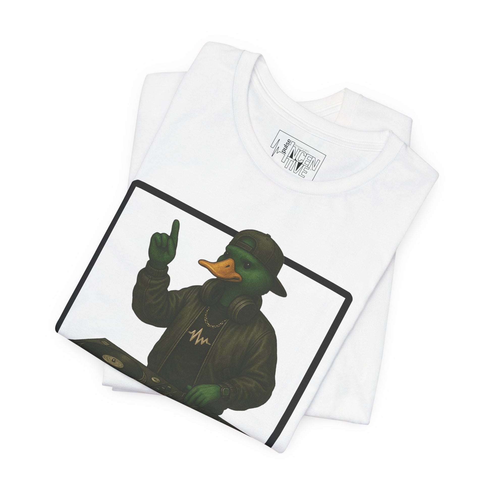 White DJ Duck T-shirt folded view with anthropomorphic mallard duck graphic
