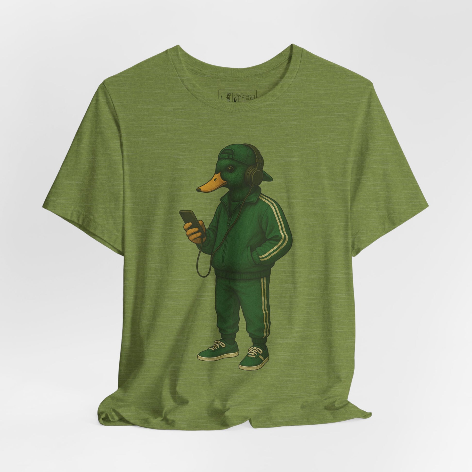 Green Tracksuit Duck T-shirt front view with anthropomorphic mallard duck graphic