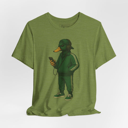 Green Tracksuit Duck T-shirt front view with anthropomorphic mallard duck graphic