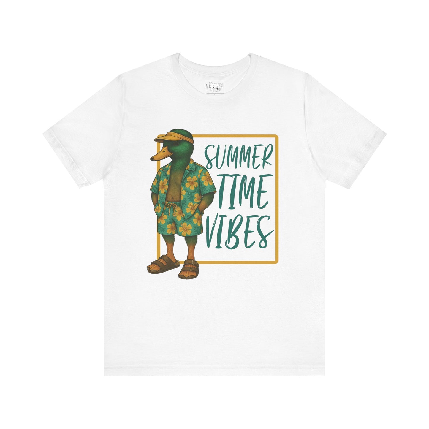 White Sumer Duck T-shirt front view with anthropomorphic mallard duck graphic
