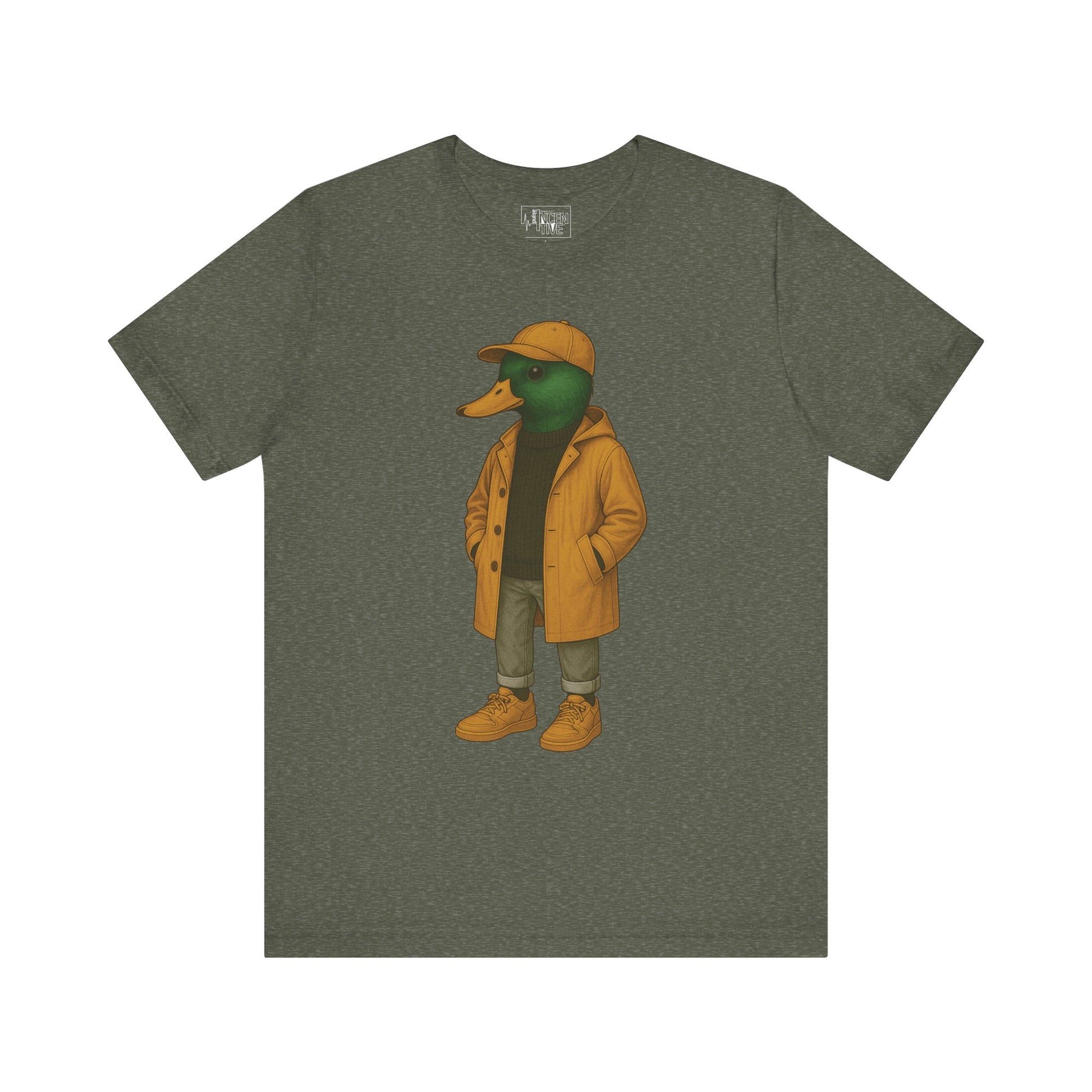 Military Green Rain Duck T-shirt front view with anthropomorphic mallard duck graphic