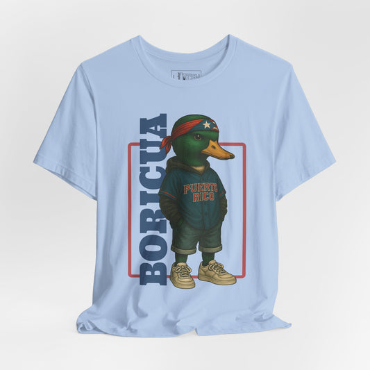 Baby Blue Boricua Duck T-shirt front view with anthropomorphic mallard duck graphic