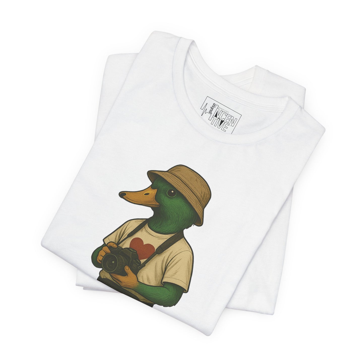 White Tourist Duck T-shirt folded view with anthropomorphic mallard duck graphic
