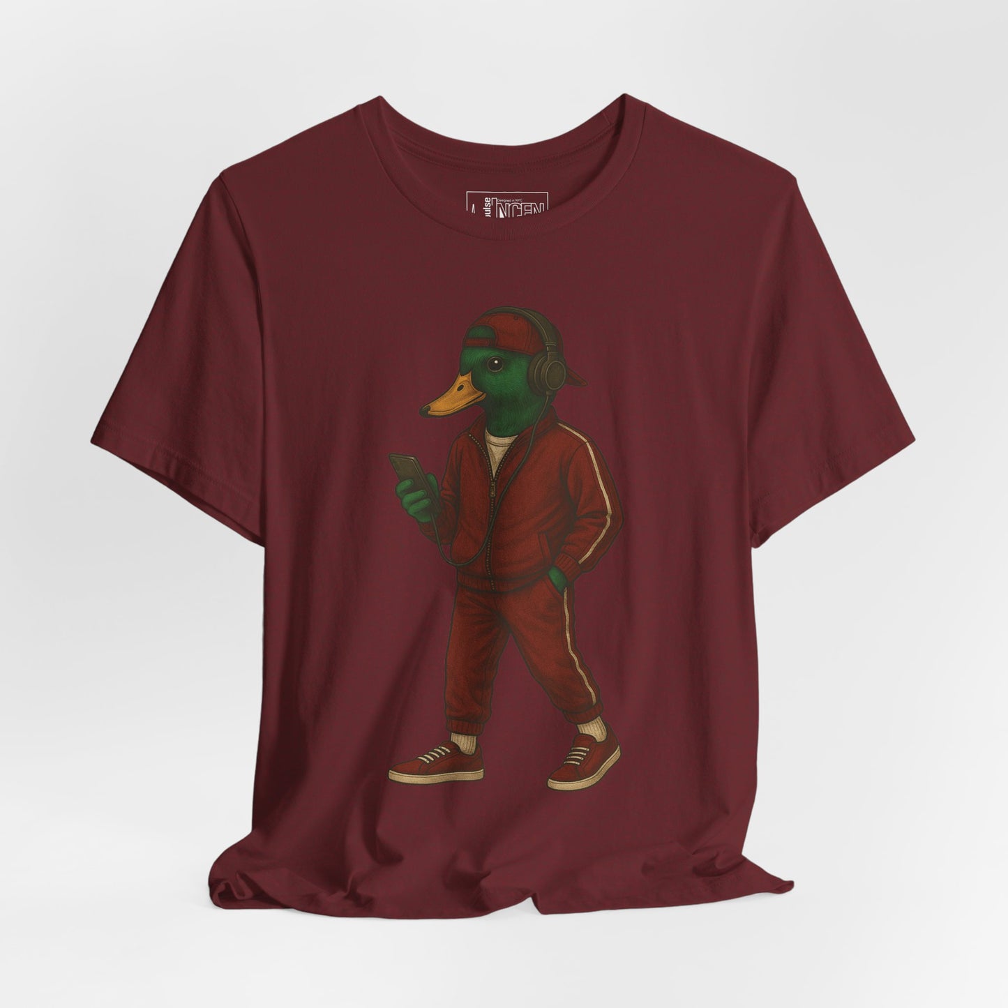 Cardinal Tracksuit Duck T-shirt front view with anthropomorphic mallard duck graphic