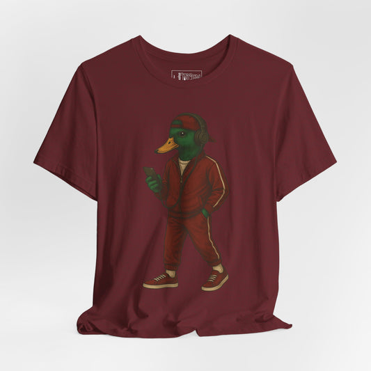 Cardinal Tracksuit Duck T-shirt front view with anthropomorphic mallard duck graphic