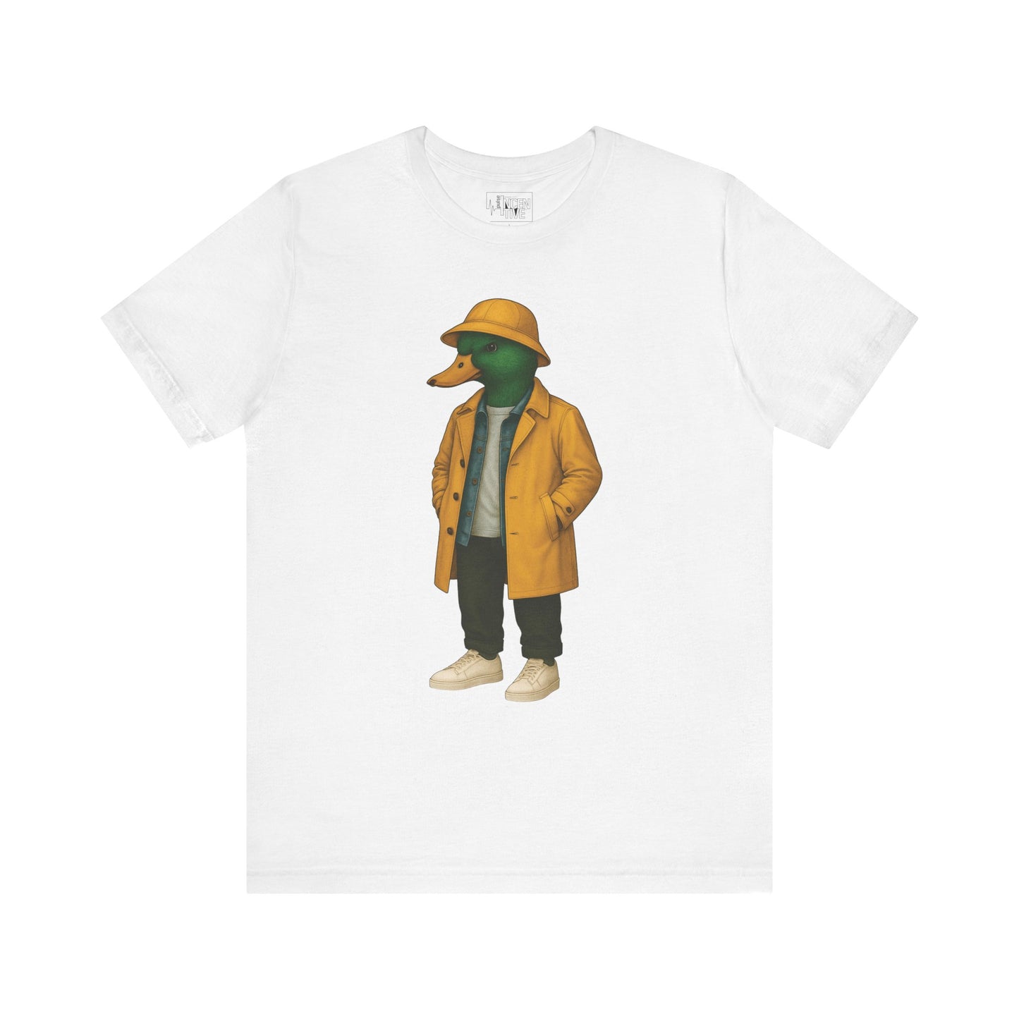 White Storm Duck T-shirt front view with anthropomorphic mallard duck graphic