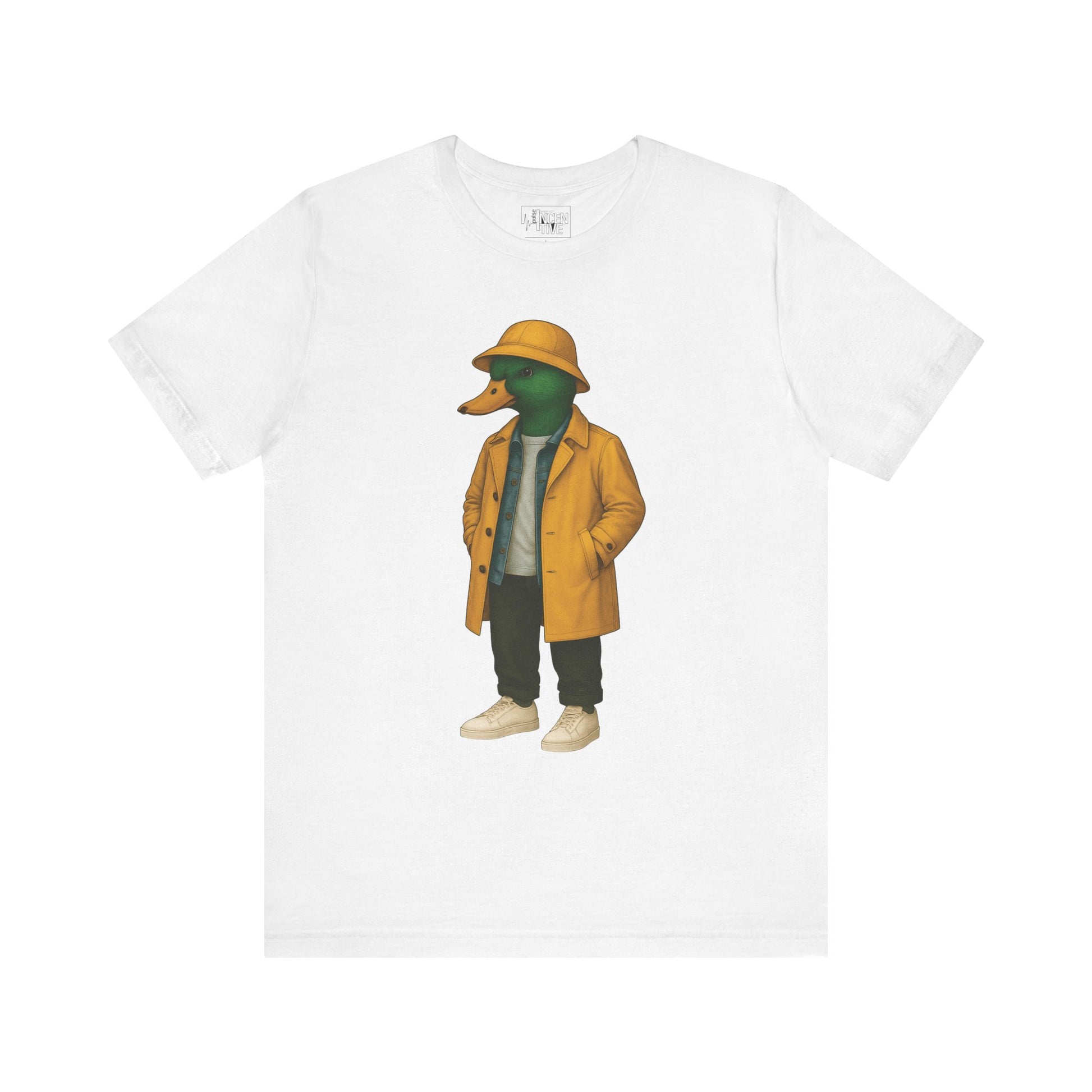 White Storm Duck T-shirt front view with anthropomorphic mallard duck graphic