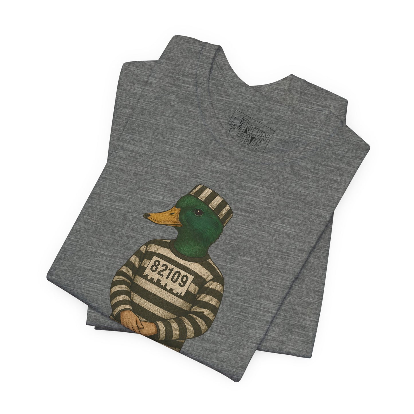 Heather Grey Prison Duck T-shirt folded view with anthropomorphic mallard duck graphic