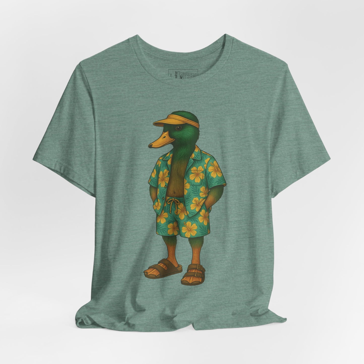 Dusty Blue Hawaiian Duck T-shirt front view with anthropomorphic mallard duck graphic