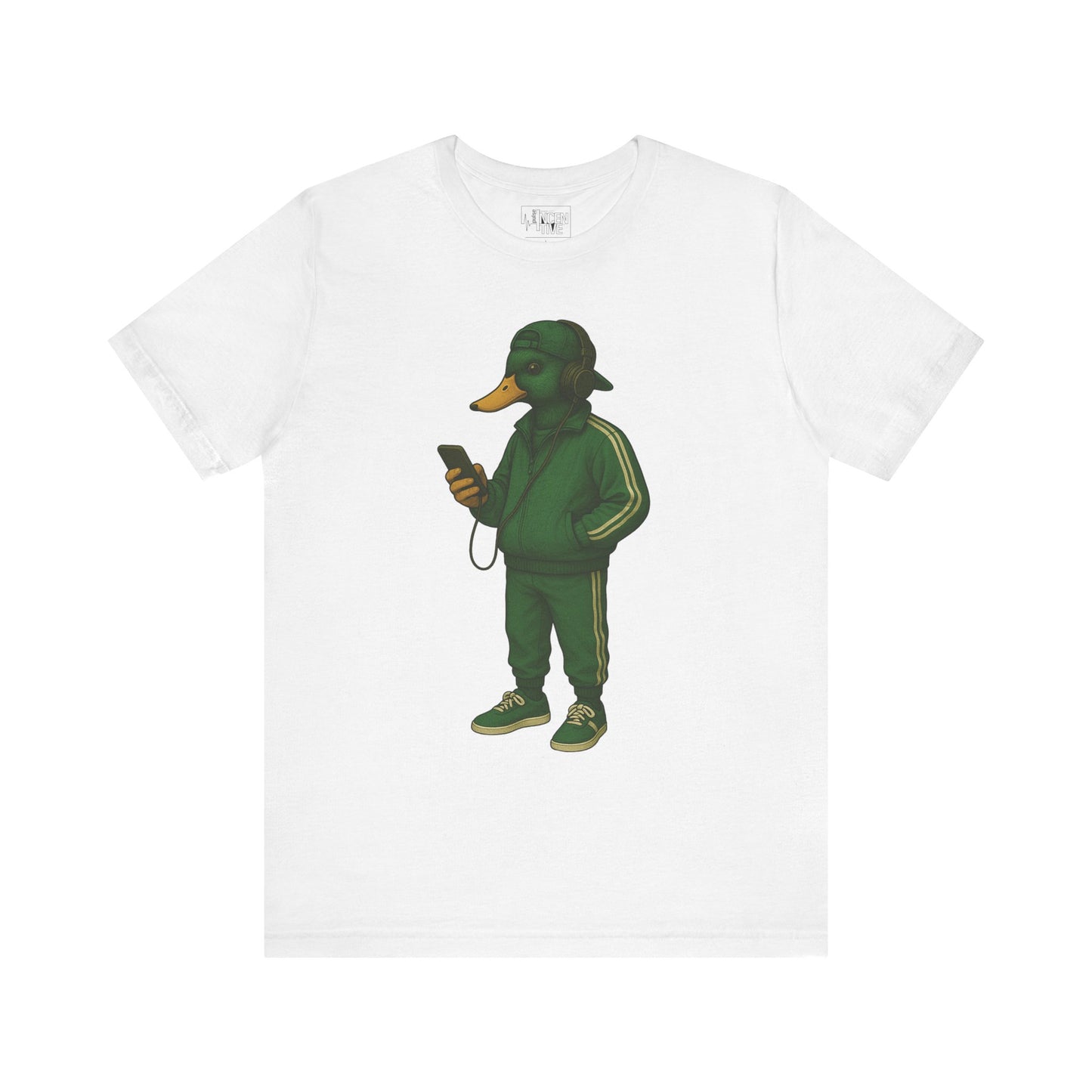 White Tracksuit Duck T-shirt front view with anthropomorphic mallard duck graphic