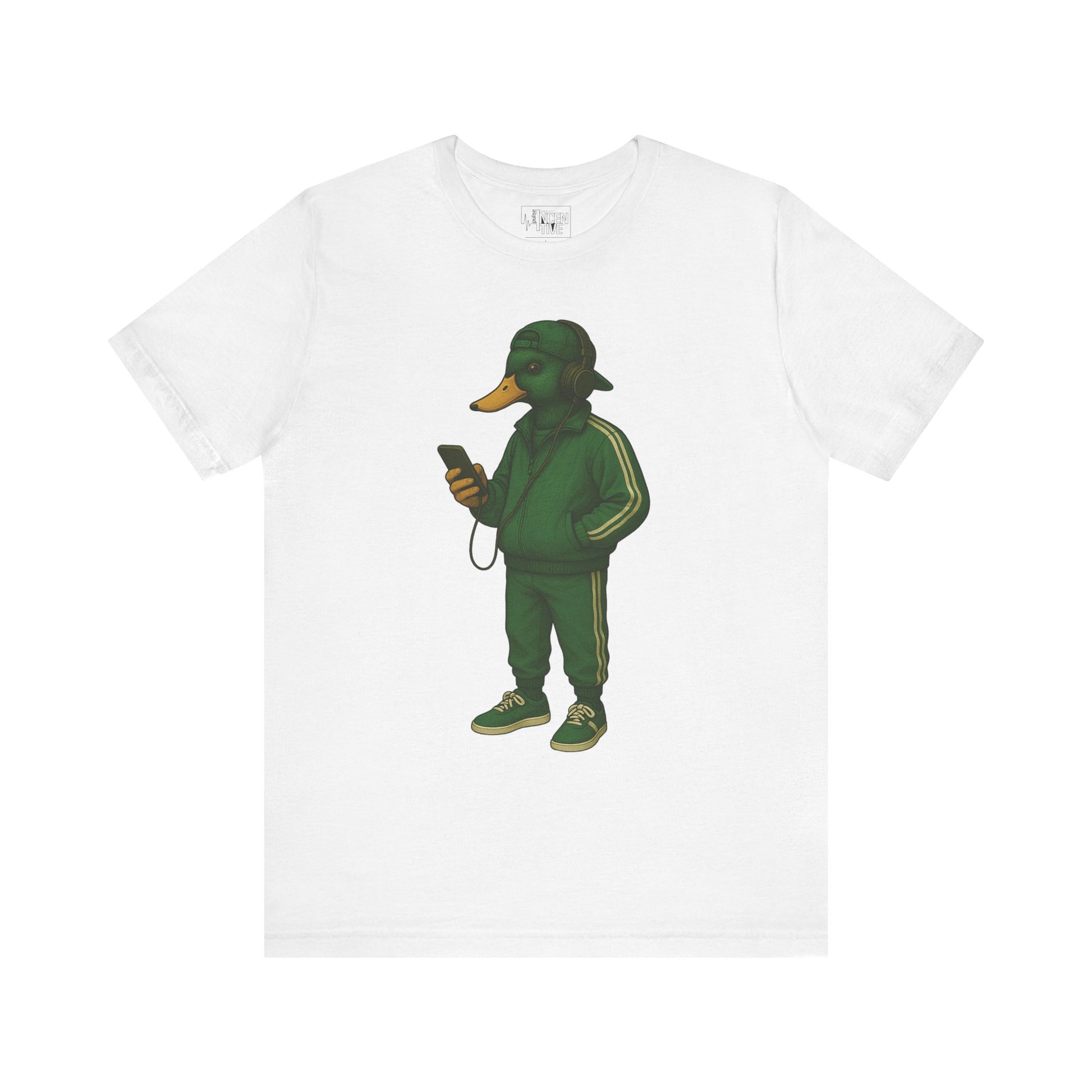 White Tracksuit Duck T-shirt front view with anthropomorphic mallard duck graphic