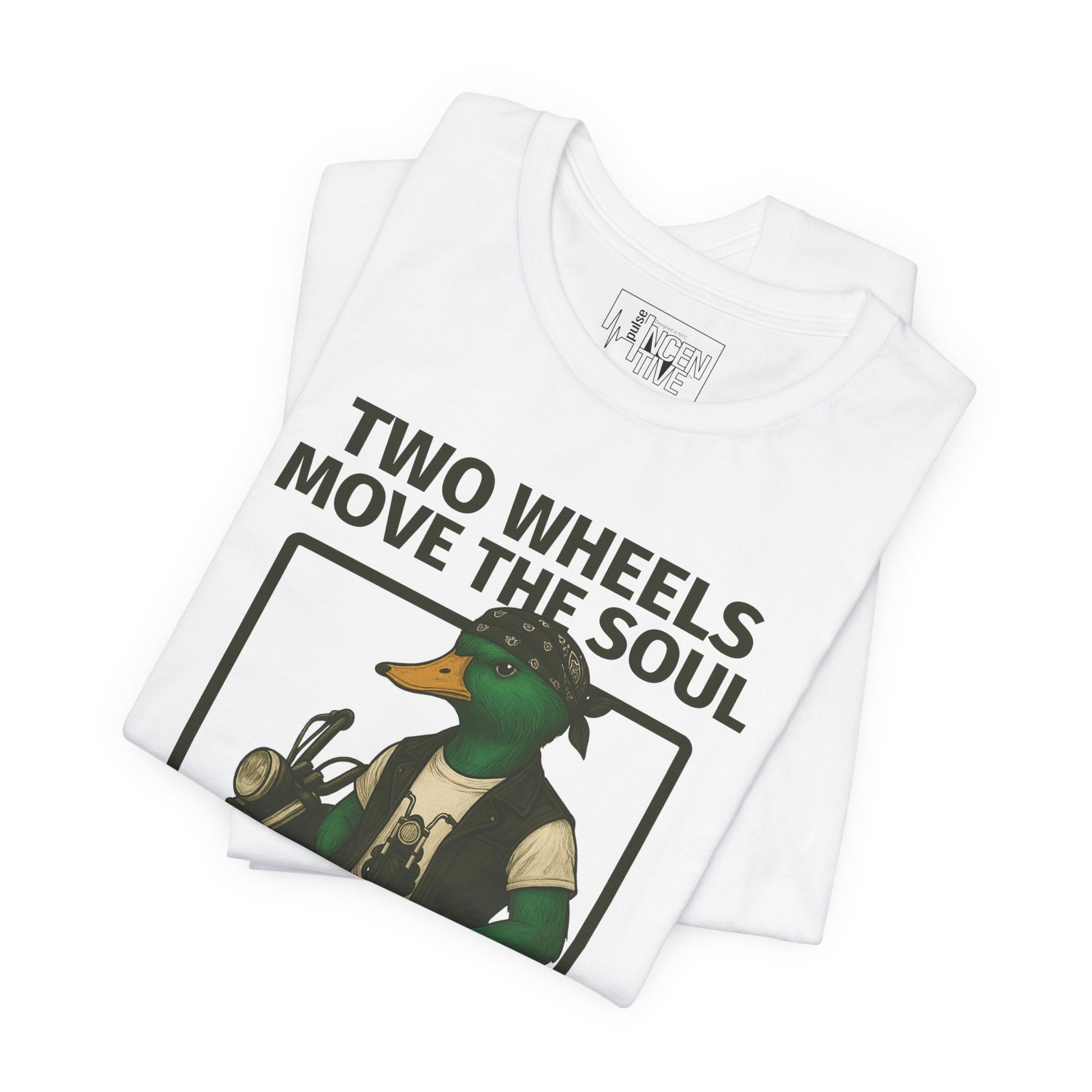 White Motorcycle Duck T-shirt folded view with anthropomorphic mallard duck graphic