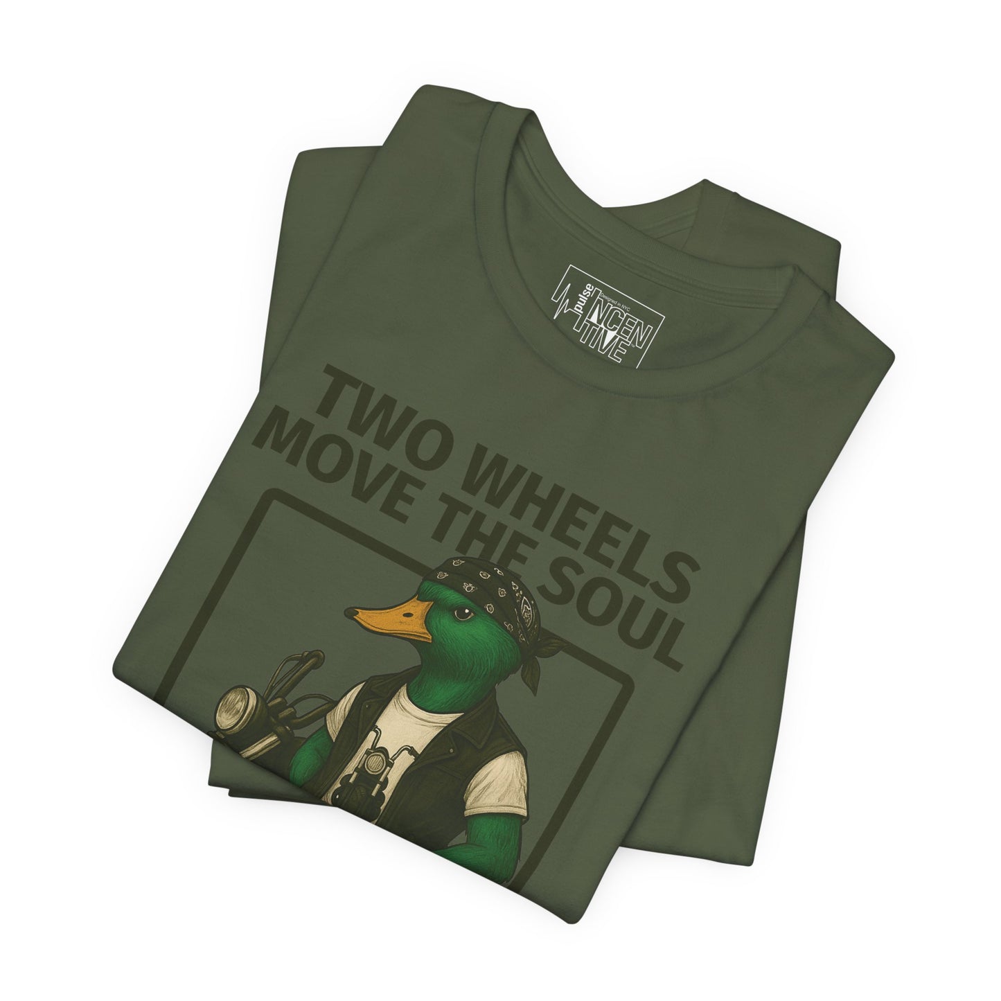 Military Green Motorcycle Duck T-shirt folded view with anthropomorphic mallard duck graphic