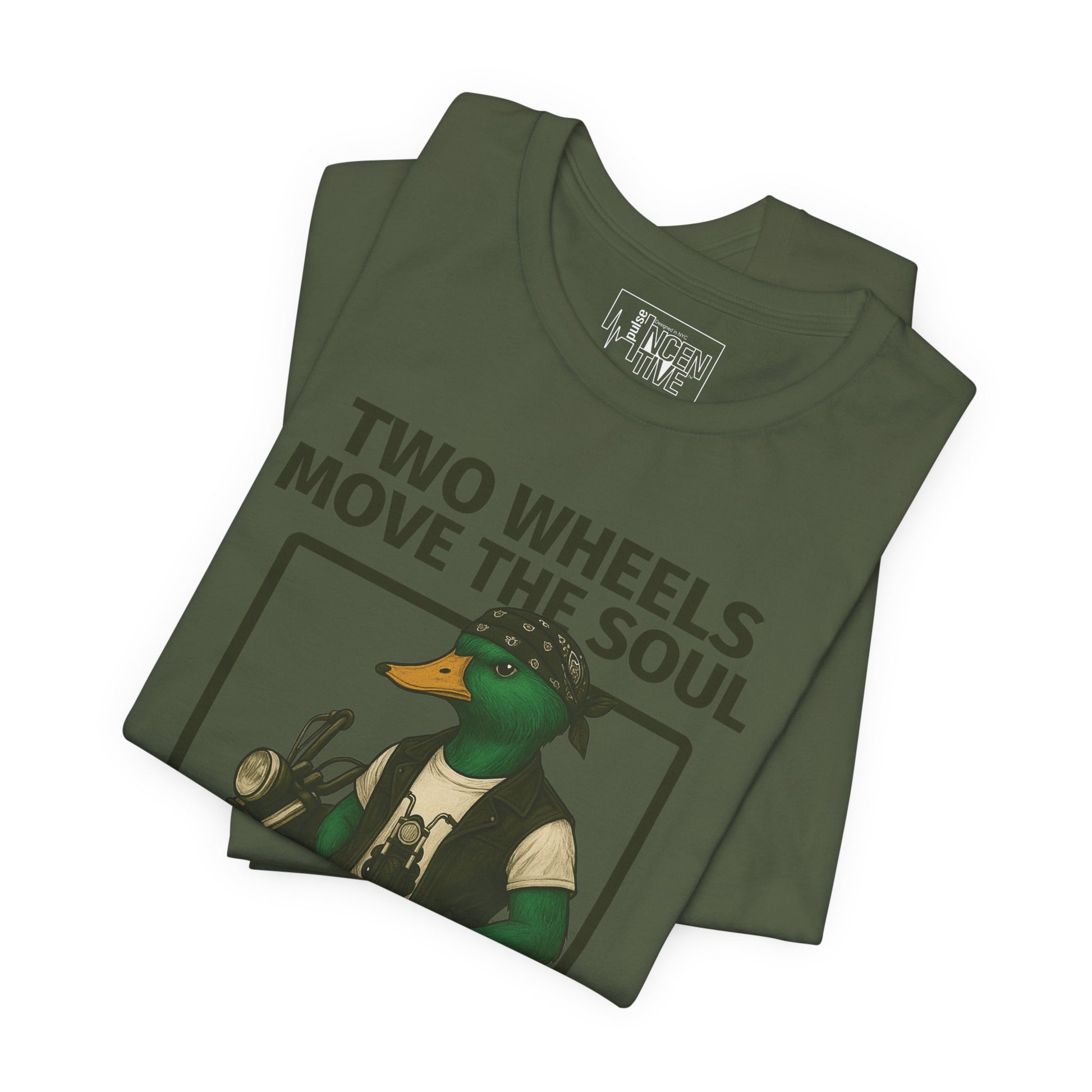 Military Green Motorcycle Duck T-shirt folded view with anthropomorphic mallard duck graphic