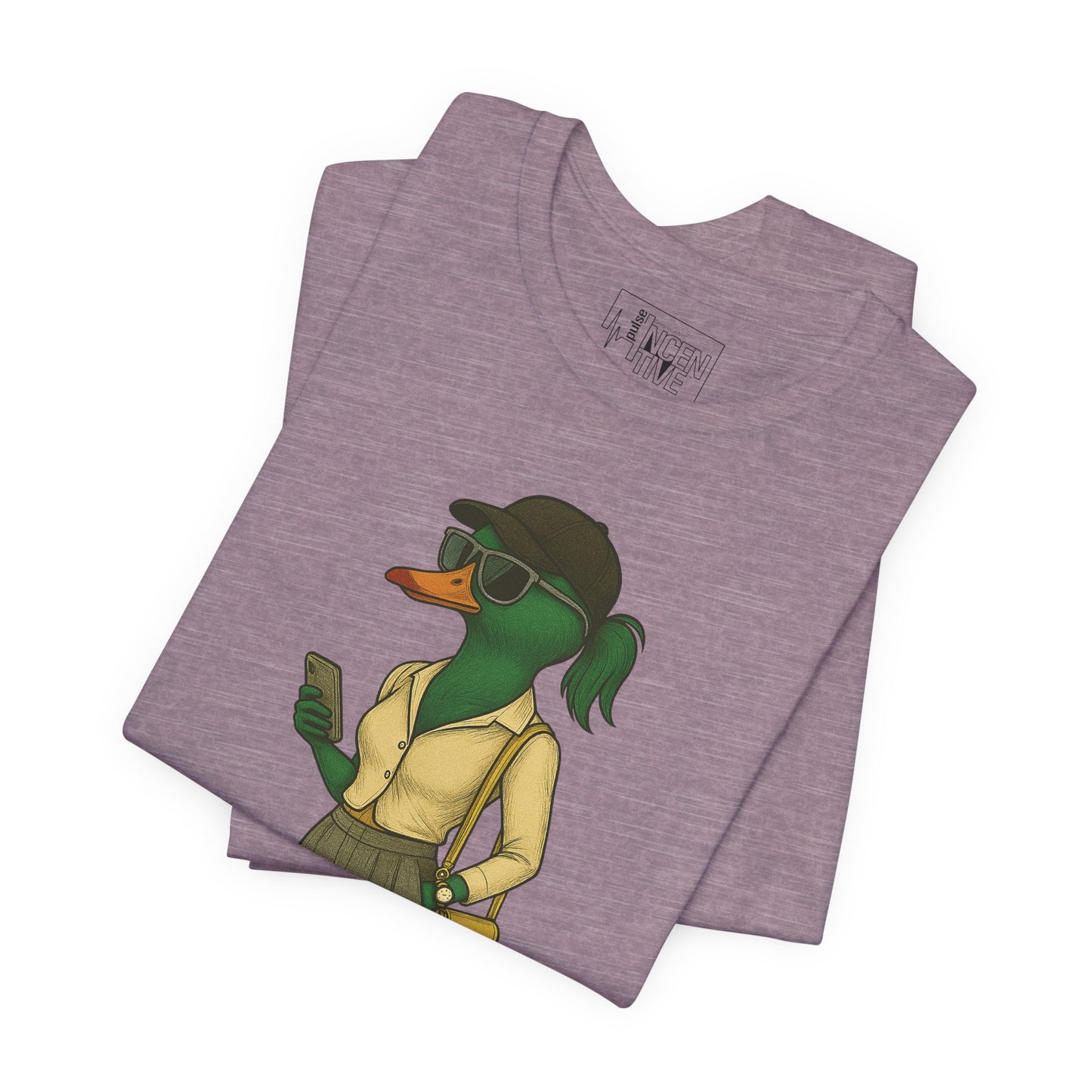 Purple Hipster She Duck T-shirt folded view with anthropomorphic mallard duck graphic