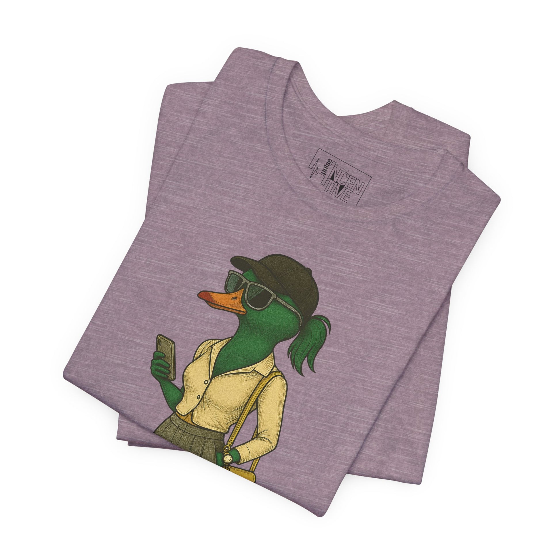 Purple Hipster She Duck T-shirt folded view with anthropomorphic mallard duck graphic