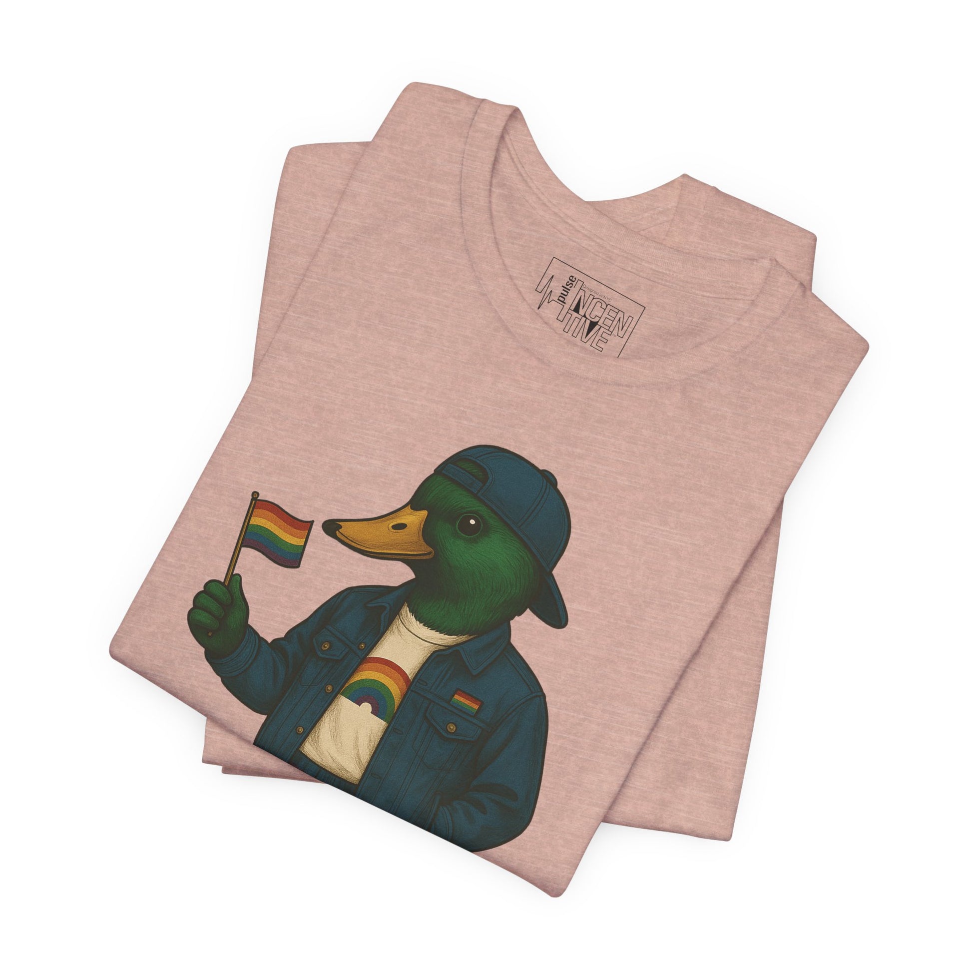 Peach Pride Duck LGBTQ+ T-shirt folded view with rainbow outfit and Pride flag graphic