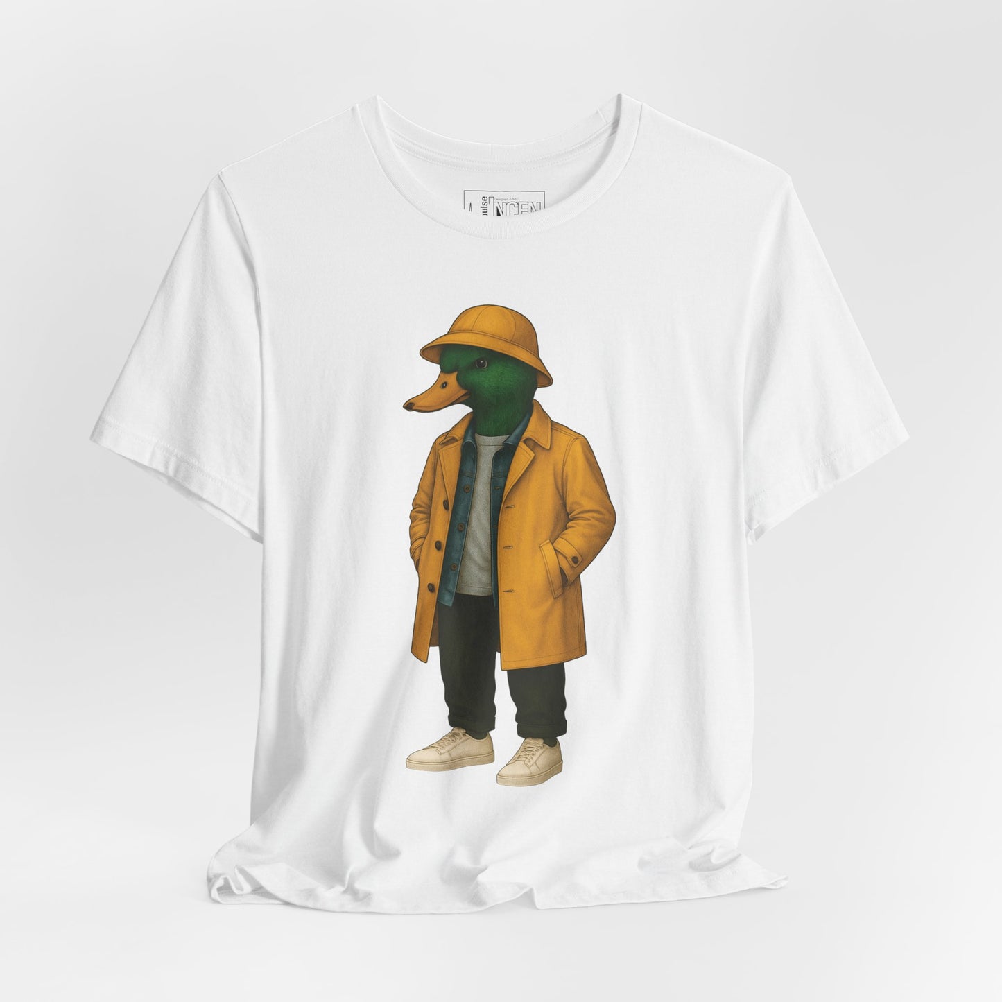 White Storm Duck T-shirt front view with anthropomorphic mallard duck graphic