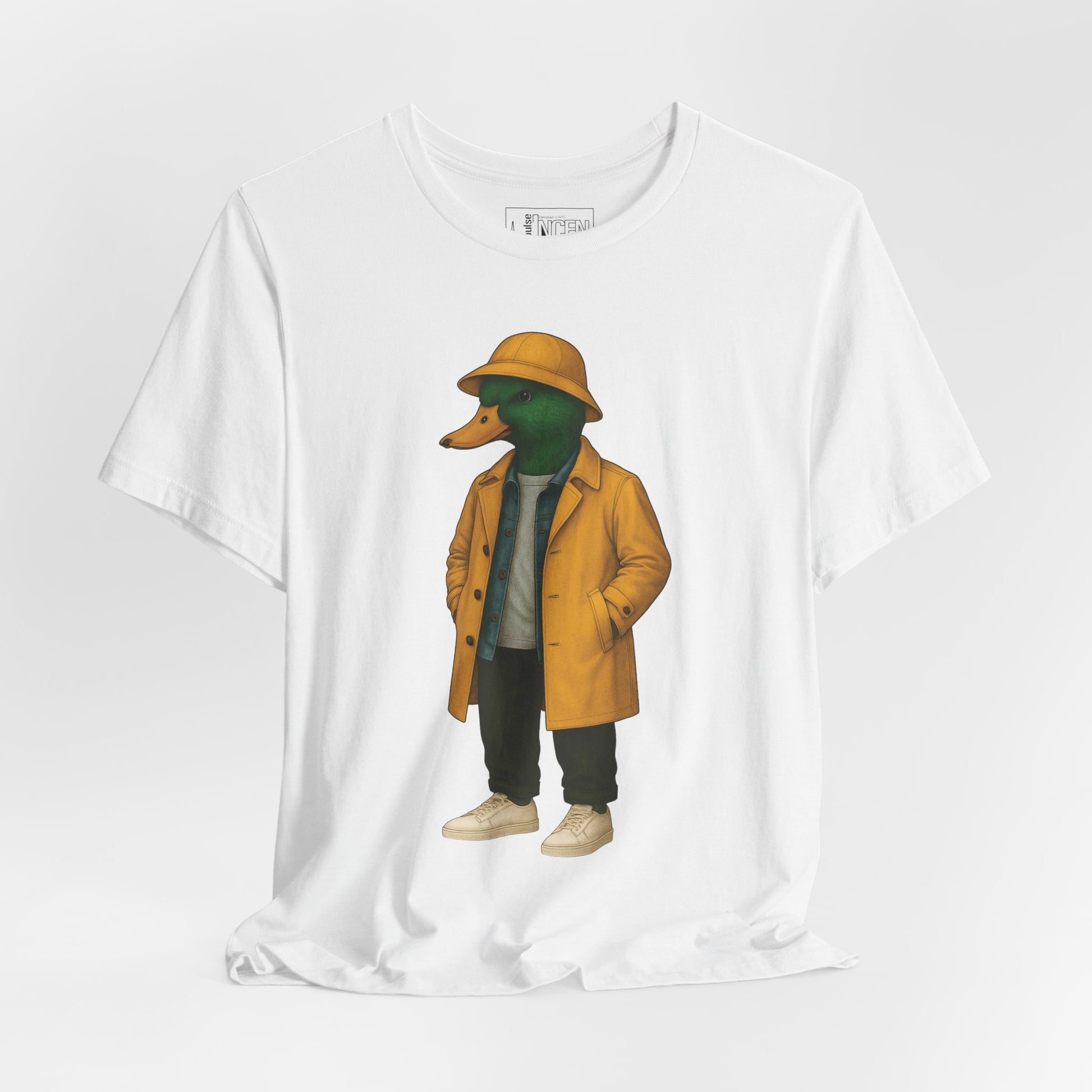 White Storm Duck T-shirt front view with anthropomorphic mallard duck graphic