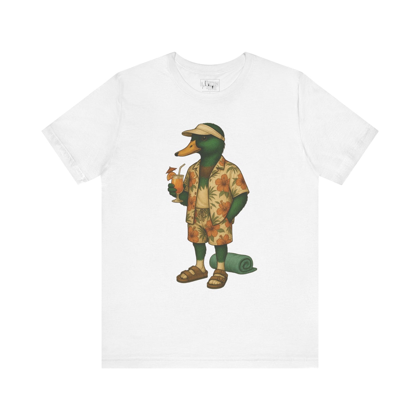 White Poolside Duck T-shirt front view with anthropomorphic mallard duck graphic