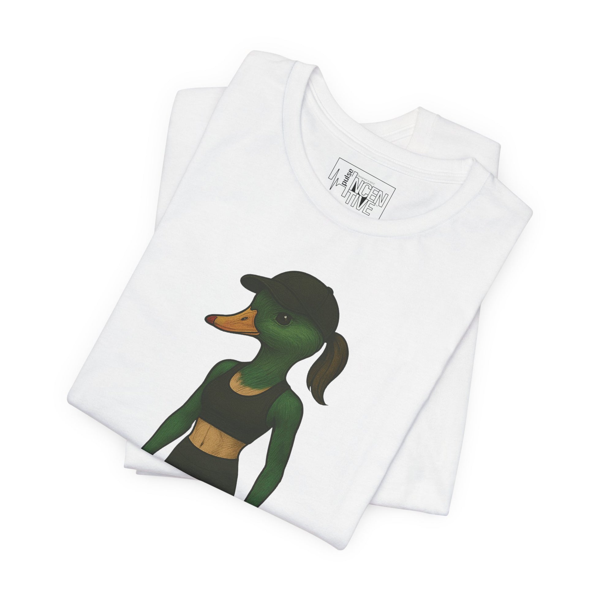 White Athletic She Duck T-shirt folded view with anthropomorphic mallard duck graphic